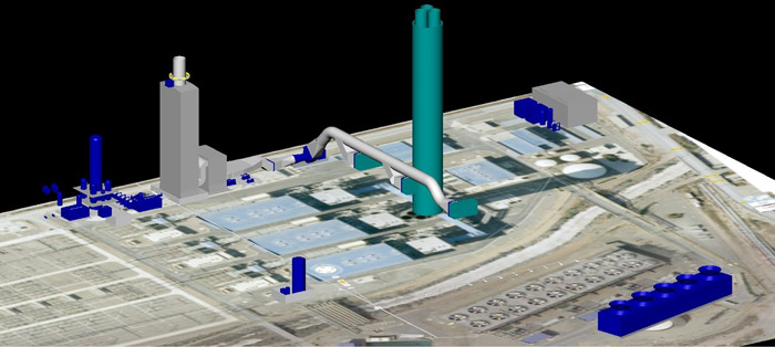 One of several proposed layouts for full-scale carbon capture retrofit at the Cartagena natural-gas–combined-cycle plant.