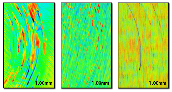 Laser micrographs of NOREM (left), Stellite (center), and NitroMaxx (right) samples subjected to the same stresses at plant operating temperature reveal almost no galling (indicated by the thick streaks) for NitroMaxx and significant galling on NOREM