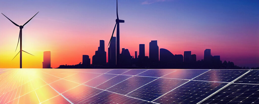 solar panels, battery energy storage facility, wind turbines and big city